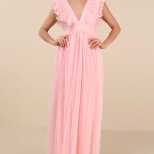 Lulus Simply Delighted Pink Mesh Ruffled Backless Maxi Dress - Size M
